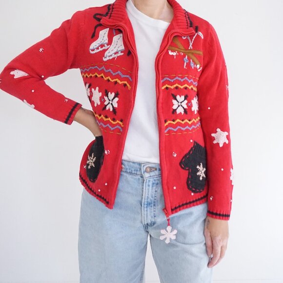 Vintage Kakit Winter Ski Snowflake Festive Cardigan Holiday Retro 90s Sweater S - Picture 1 of 10
